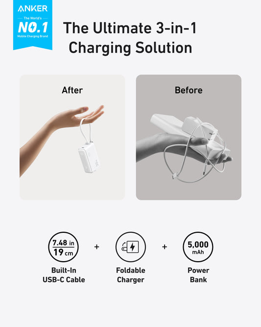 Anker Power Bank (30W, 5k, Fusion, Built-In USB-C Cable)