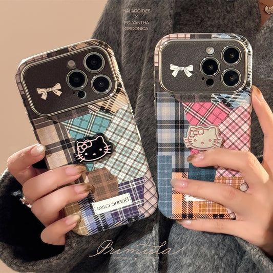 Retro plaid splicing cat 14 for 15promax mobile phone case Apple iphone16 three-dimensional 17 leather 13