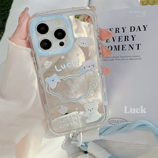 Summer mirror puppy is suitable for 16ProMax Apple 15 mobile phone case iPhone17 cartoon 12 generation hair 11 hand rope