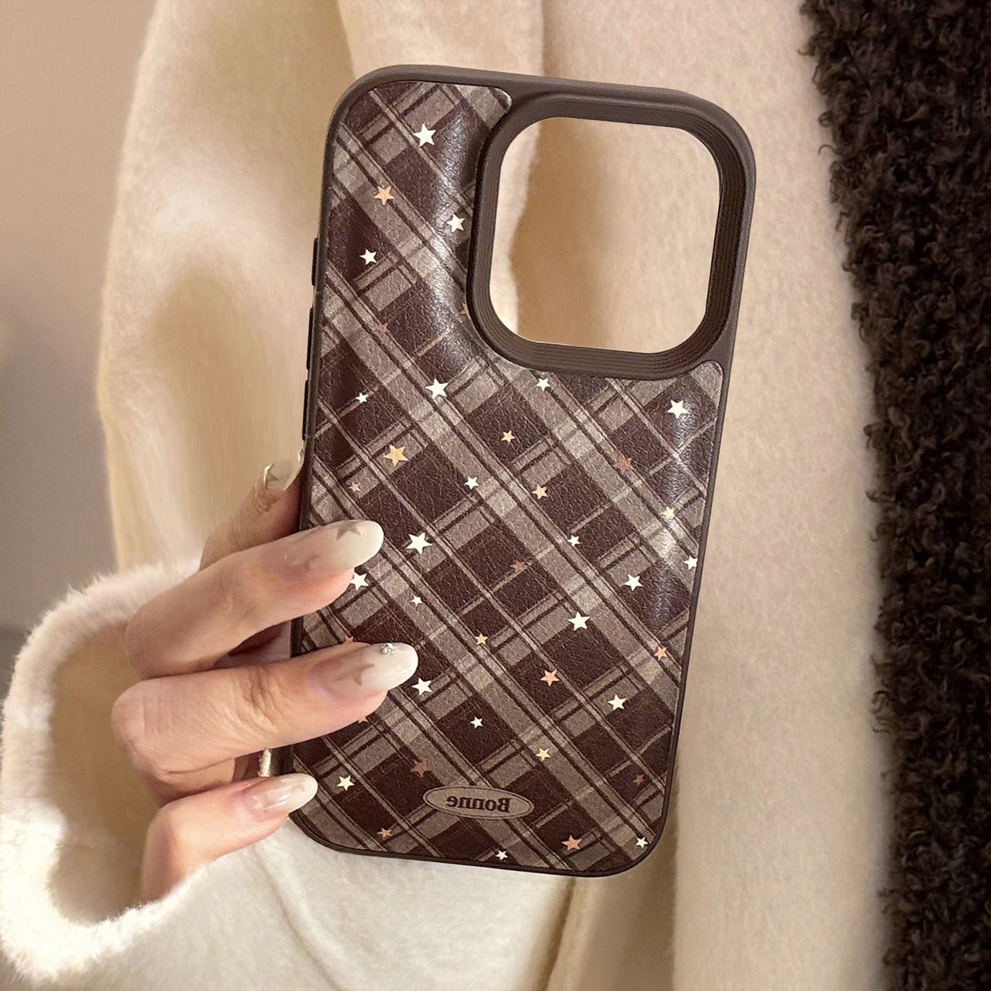 Warm brown rhombus star Apple 17 mobile phone case iPhone16promax leather 15 suitable for 13 retro 11 anti-drop