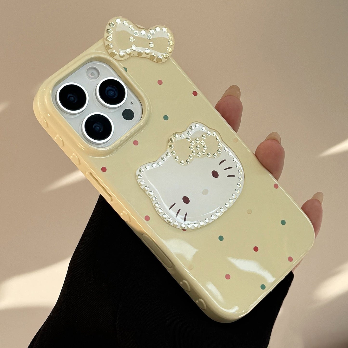 Three-dimensional gilt is suitable for 17promax Apple 16 mobile phone case iphone14 color polka dot bow cat 13 pendant.