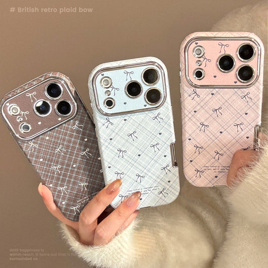 Applicable to Apple 17promax mobile phone case iphone16 leather plaid bow 15 retro 13 soft 12 all-inclusive