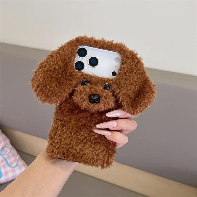 3D Cartoon Teddy Puppy Plush Phone Case For iPhone