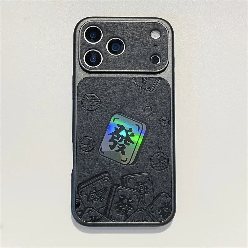 Luxury Cartoon Mahjong Get Rich Laser Leather Texture Couple Phone Case For iPhone