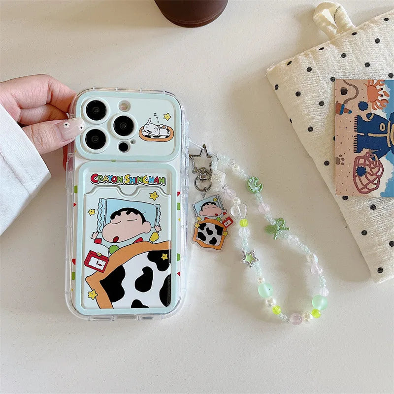 Cartoon Sleep Crayon Shin-chan Card Wallet Pocket Phone Case For iPhone