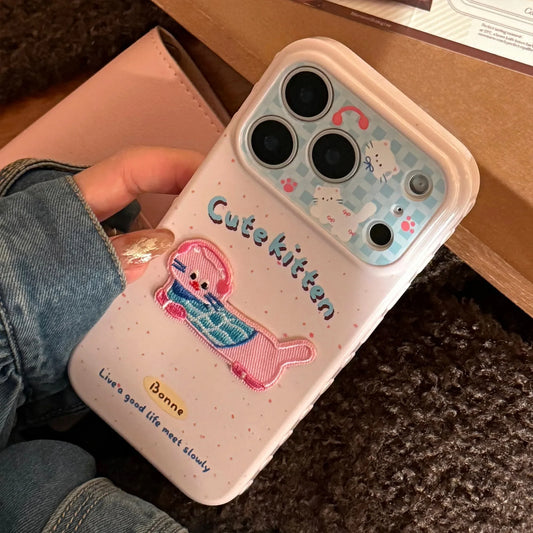 Korean Pink Splashed Ink 3D Cute Cartoon Embroidery Kitten Soft Phone Case For iPhone