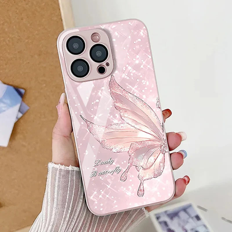 Silver Butterfly Tempered Glass Shockproof Cover Phone Case