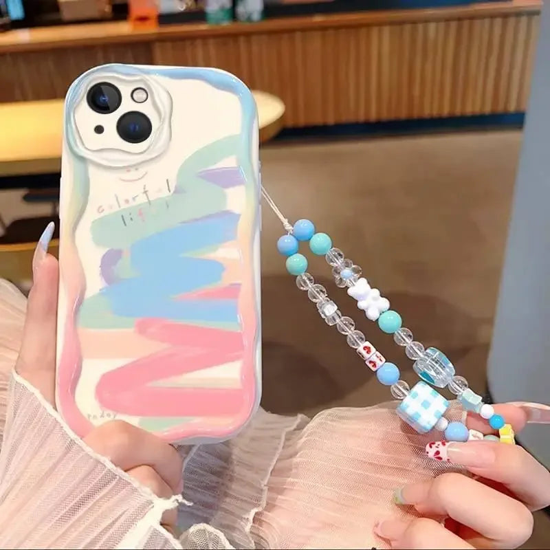 Wave With Wrist Strap Lanyard Rainbow Butterfly Phone Case