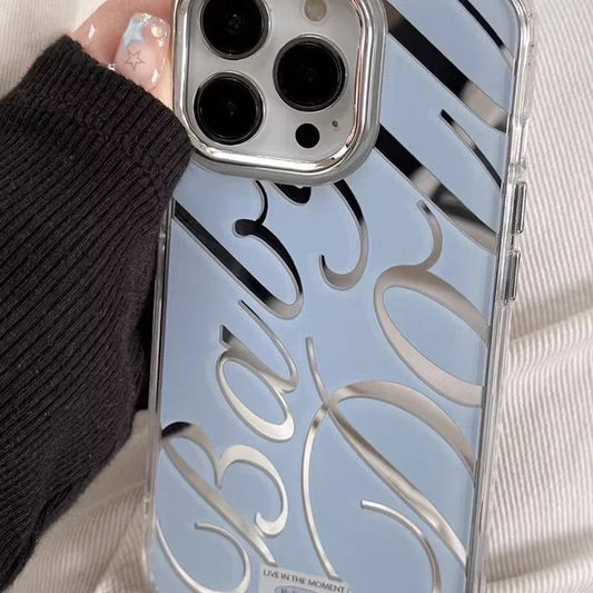 Blue Silver Plated Mirror English Transparent Frame Phone Case