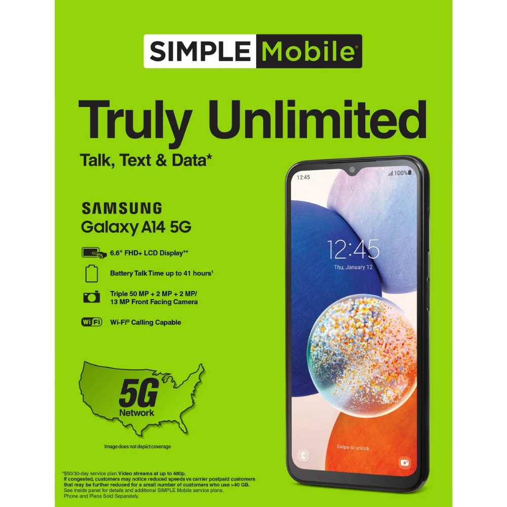 Samsung Galaxy A14 5G – FREE w/ $50 Simple Mobile Unlimited + Accessories