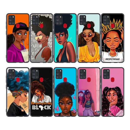Cartoon Paint Black Girls Soft Cell Phone Case for Samsung Galaxy A21S image 0