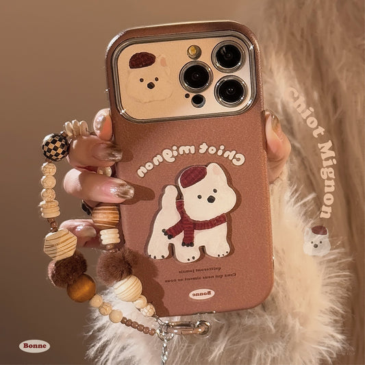 Brown three-dimensional West Highland suitable for Apple 15promax mobile phone case iphone16 leather cartoon 17 lanyard 14