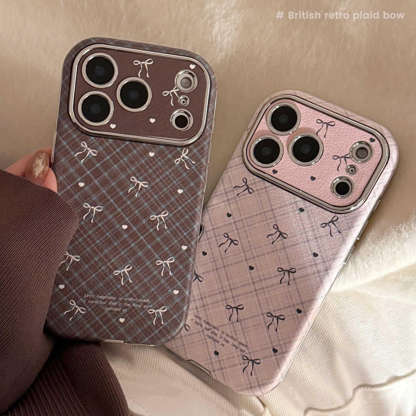 Applicable to Apple 17promax mobile phone case iphone16 leather plaid bow 15 retro 13 soft 12 all-inclusive