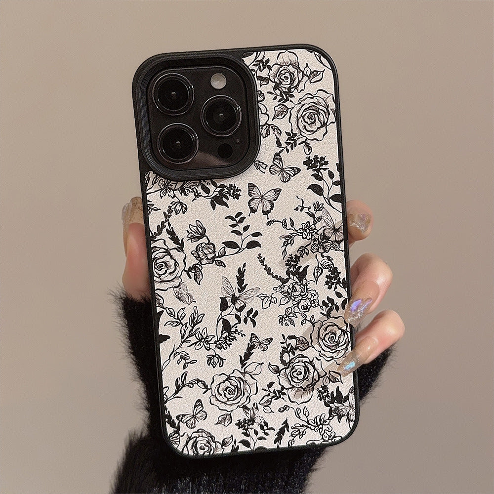 Temperament ins rose flower apple 15 mobile phone case 17pro max leather 11 for iPhone16 literature and art 12