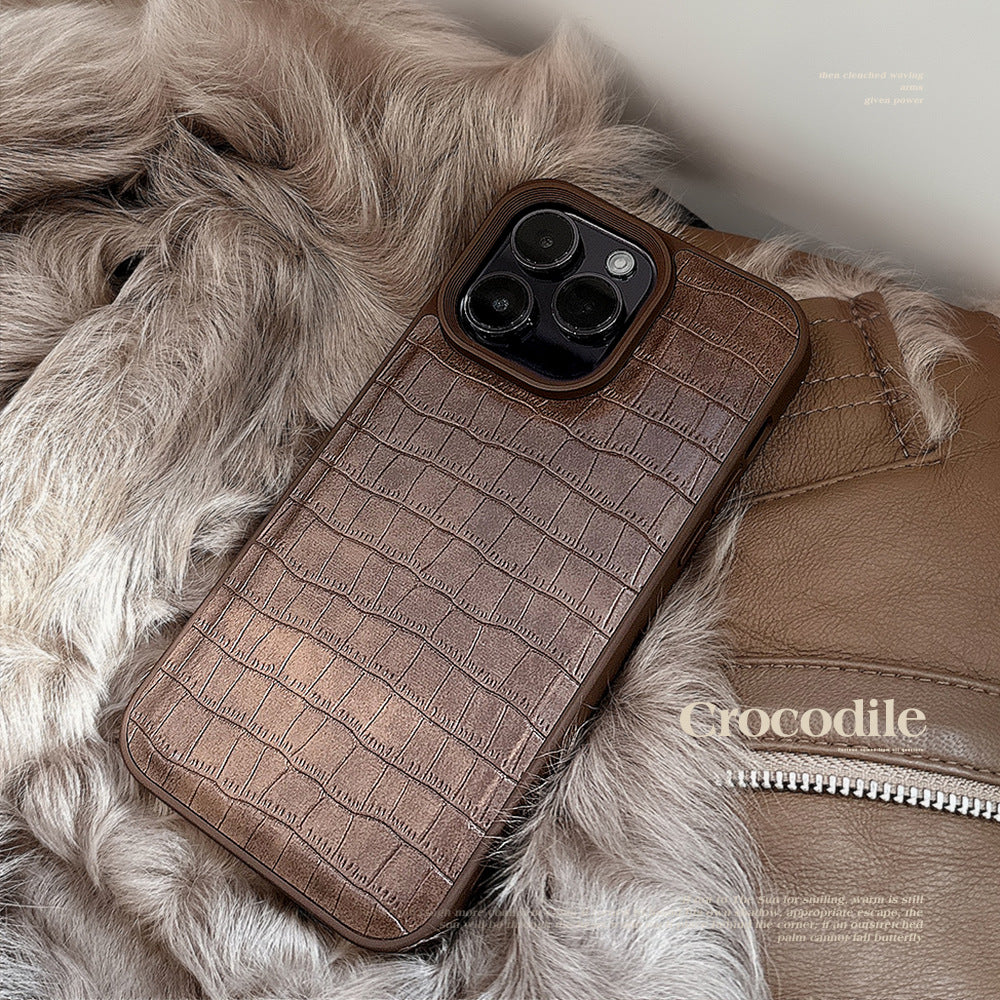 Retro brown alligator leather pattern 15 Apple 16 mobile phone case 17promax premium wind for iPhone13 personality 11