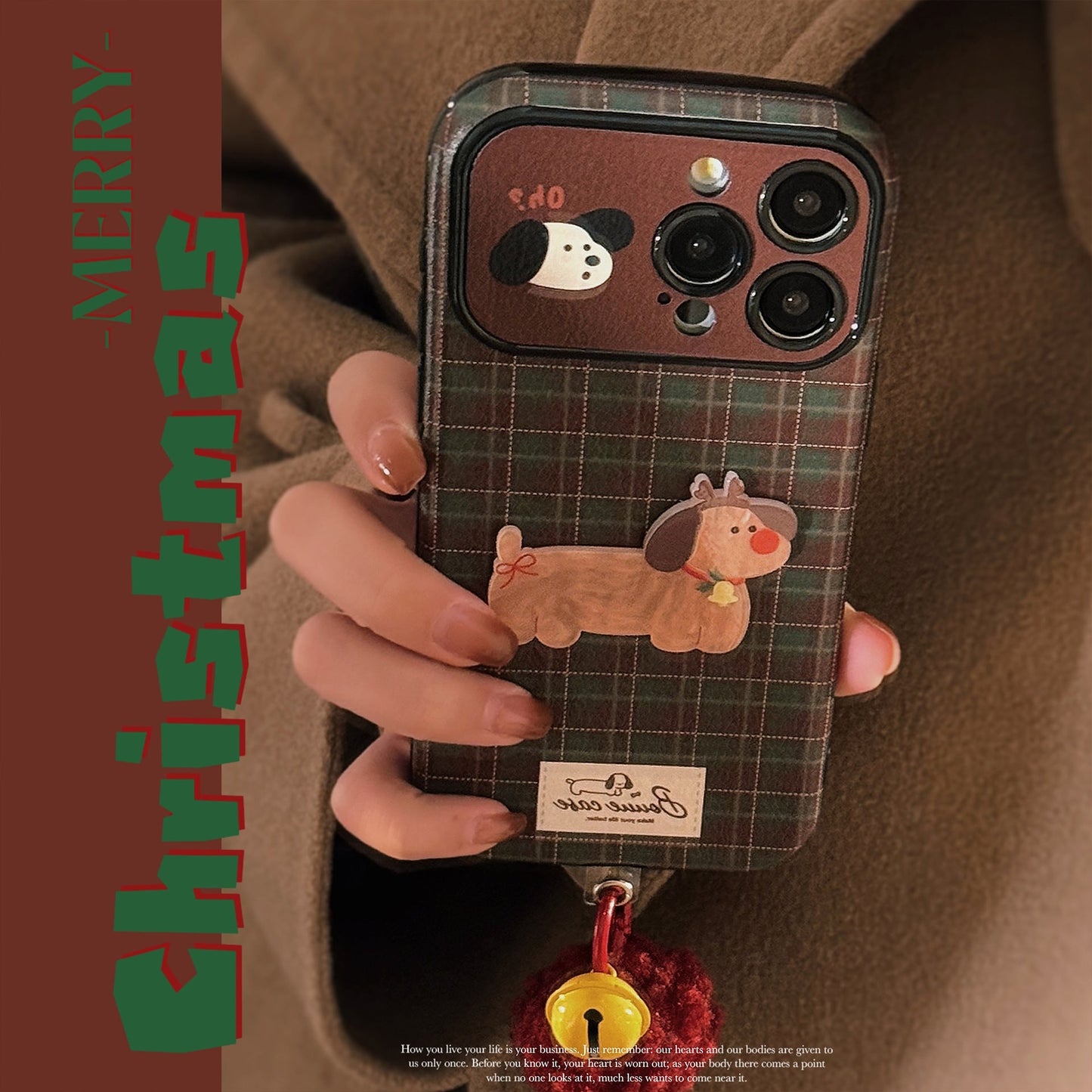 Vintage plaid for iPhone 16 mobile phone case iphone15 Christmas puppy 14promax leather 17 plush rope