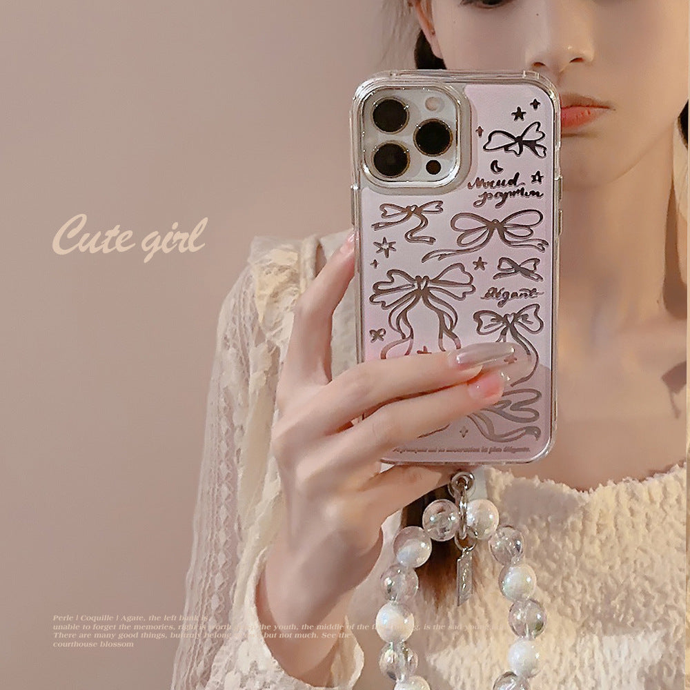 Bow ballet style for Apple 17promax makeup mirror iPhone16 mobile phone case 15 bracelet rope 11