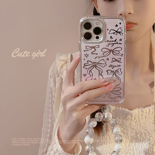 Bow ballet style for Apple 17promax makeup mirror iPhone16 mobile phone case 15 bracelet rope 11