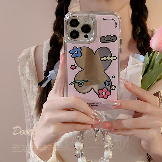 Pink flower geometric iPhone16 for 17promax iPhone case 11 Literature 13 Electroplating mirror 12