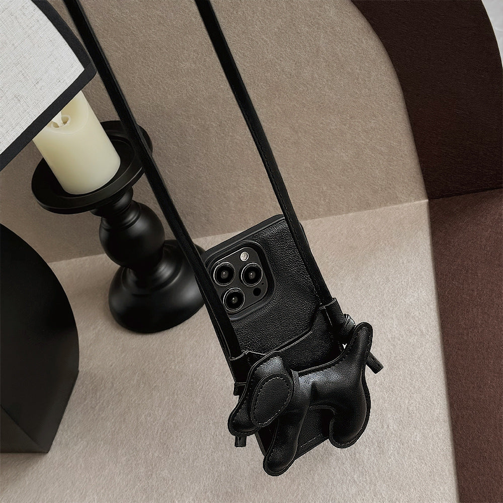Black DIY puppy oblique span card bag for iPhone 16 mobile phone case iPhone17Pro max Internet celebrity 13 leather 15