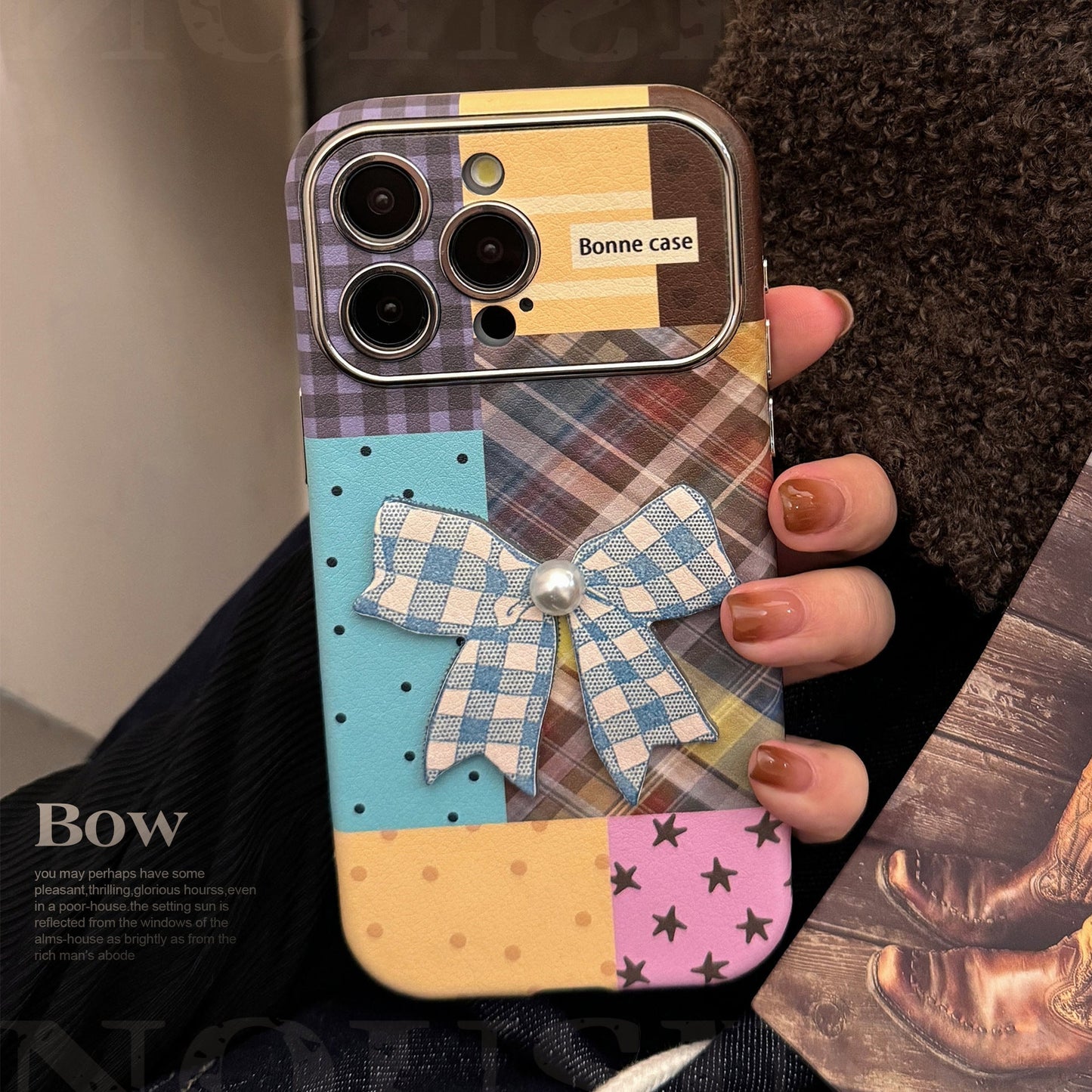 Applicable to iphone16 iPhone case 17promax color plaid splicing 15 three-dimensional bow 13 leather