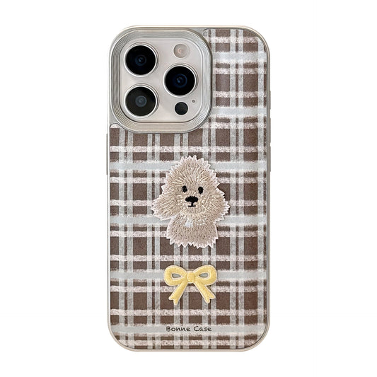 Plaid embroidery puppy apple 16 mobile phone case 17promax for iPhone15 retro leather 11 anti-drop 14
