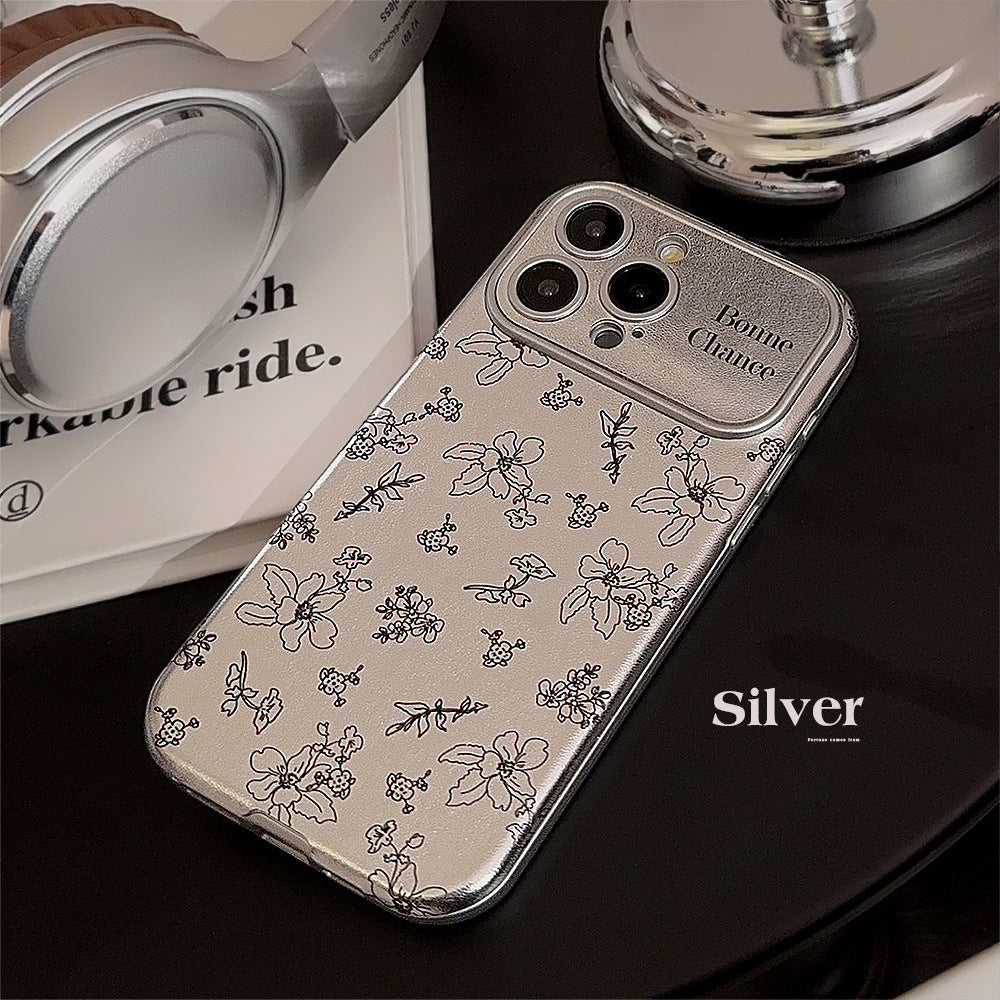 Sketch flower for iphone16 iPhone 15 mobile phone case 13promax silver leather 17 premium sense 12 Korean