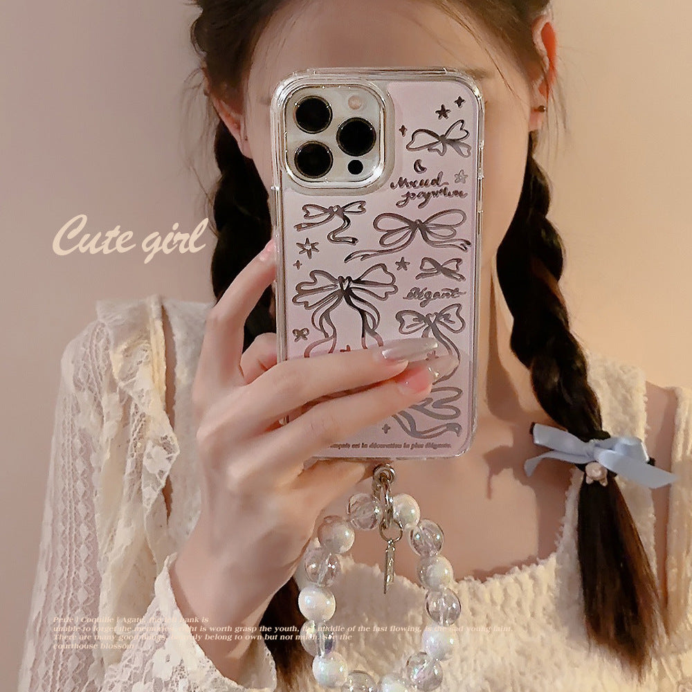 Bow ballet style for Apple 17promax makeup mirror iPhone16 mobile phone case 15 bracelet rope 11