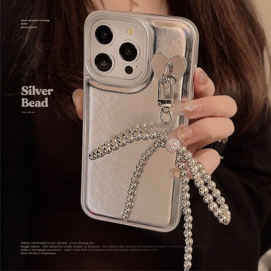 Silver leather for Apple 16 mobile phone case iPhone17promax electroplated bow pendant 11 temperament 13