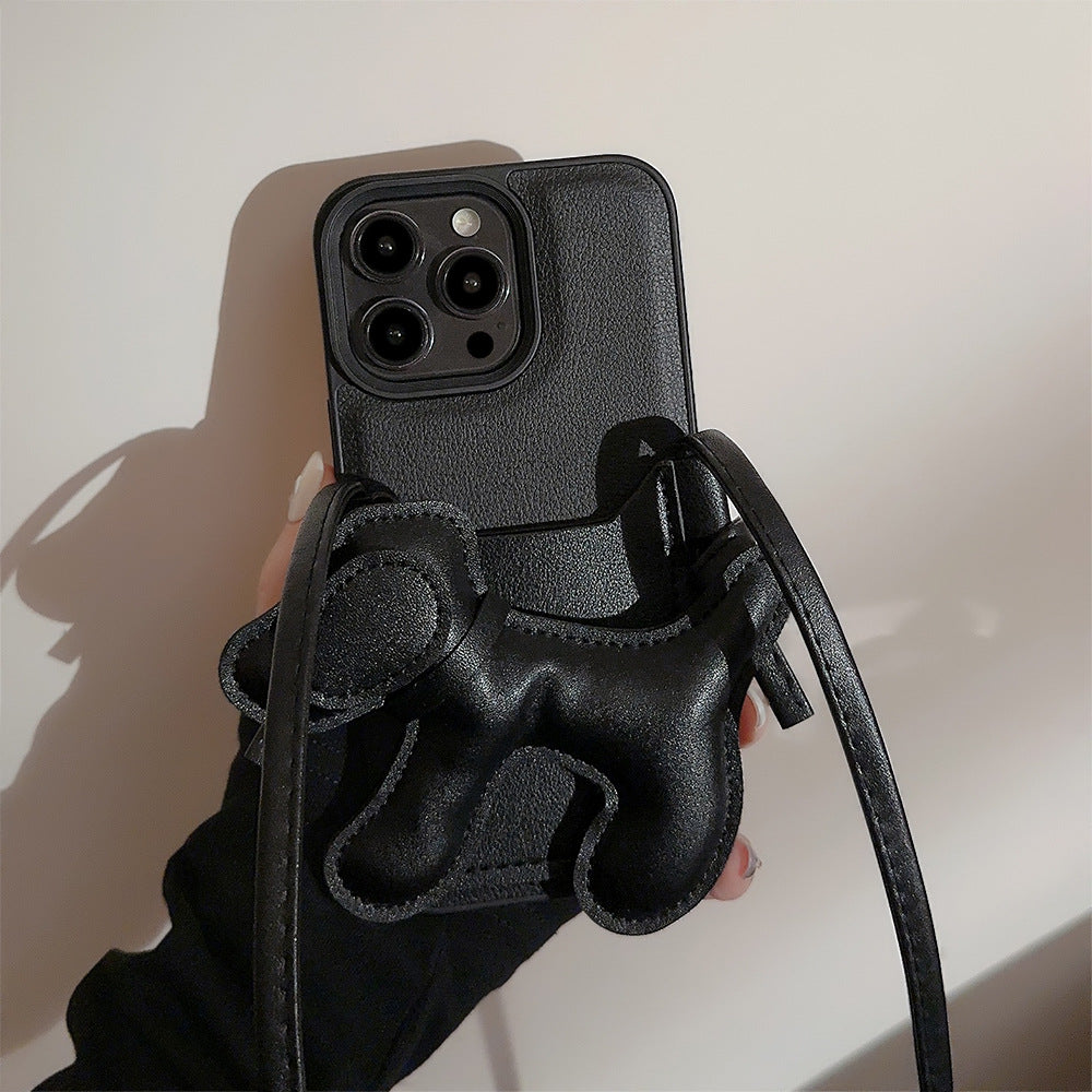 Black DIY puppy oblique span card bag for iPhone 16 mobile phone case iPhone17Pro max Internet celebrity 13 leather 15