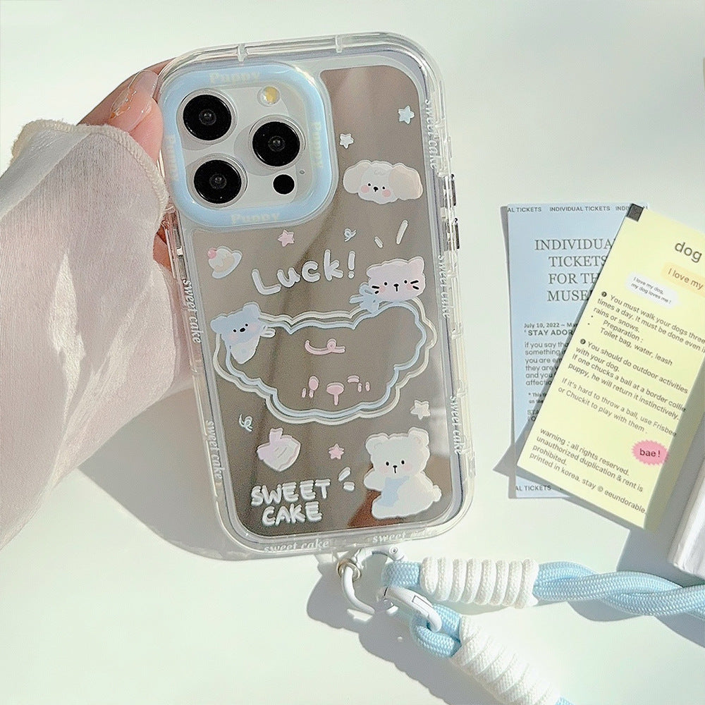 Summer mirror puppy is suitable for 16ProMax Apple 15 mobile phone case iPhone17 cartoon 12 generation hair 11 hand rope