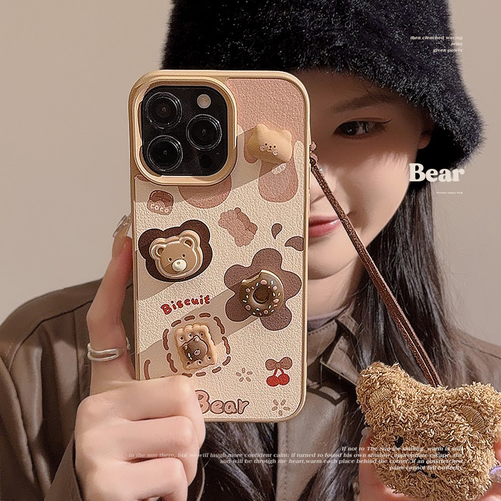 Three-dimensional biscuit bear apple 16 mobile phone case 17promax leather 13 for iPhone15 cute lanyard 12 hard