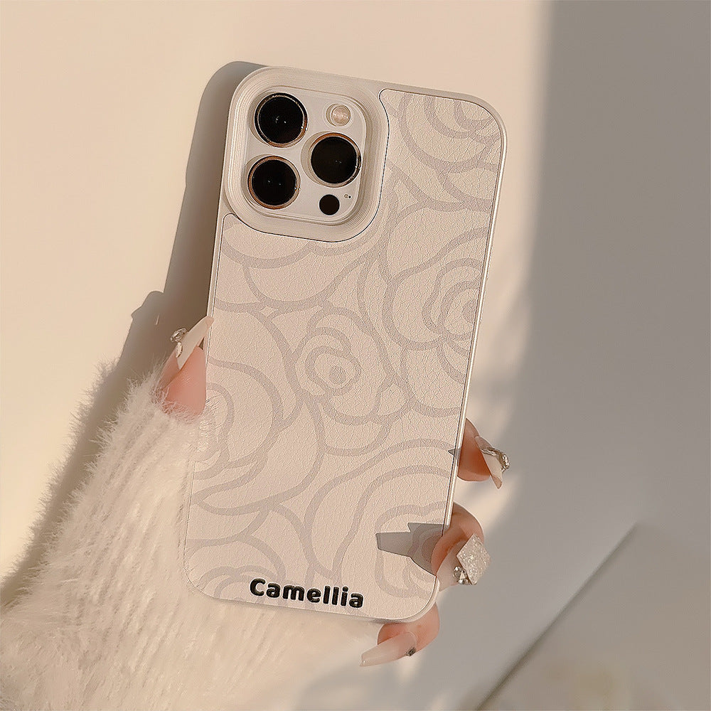 Simple camellia Apple 16 mobile phone case 17promax leather 11 for iPhone13 advanced sense 15 literature and art