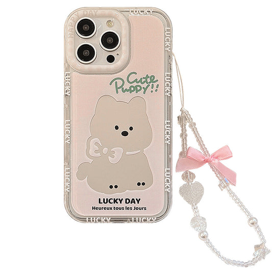 Pink Puppy Mirror Apple 16 Mobile Phone Case 14ProMax Girl iPhone15 Suitable for 17 Bow Lanyard 11