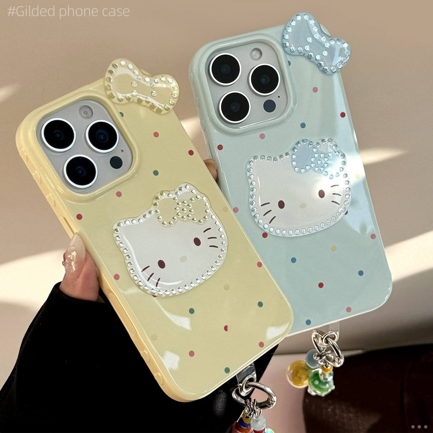 Three-dimensional gilt is suitable for 17promax Apple 16 mobile phone case iphone14 color polka dot bow cat 13 pendant.