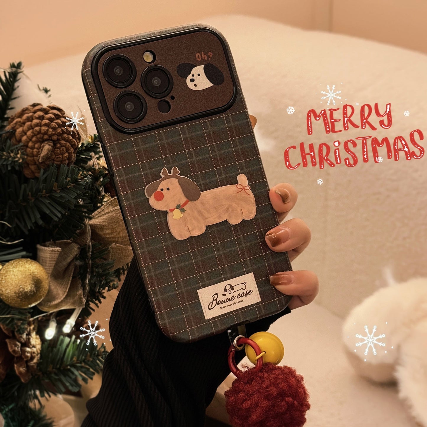 Vintage plaid for iPhone 16 mobile phone case iphone15 Christmas puppy 14promax leather 17 plush rope