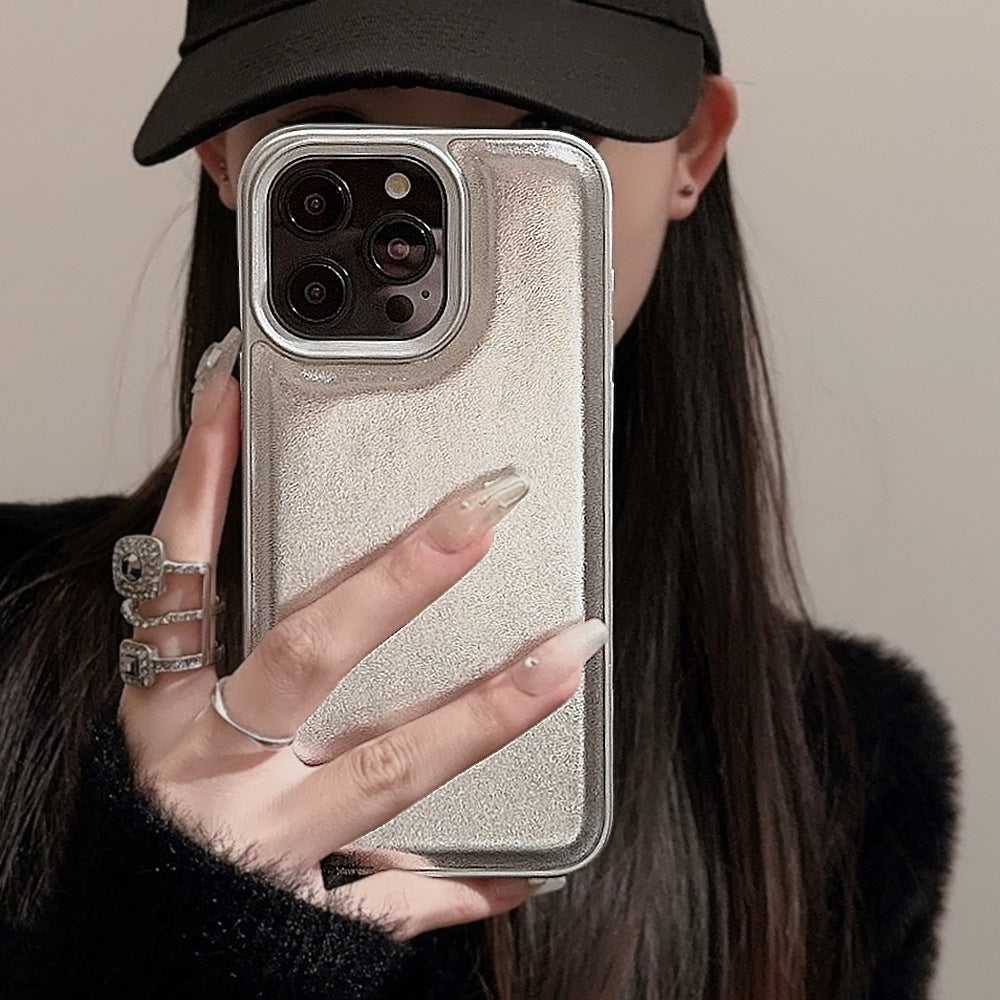 Silver bulge leather Apple 17 mobile phone case iPhone16promax premium sense 11 solid color 13 hard 12 applicable