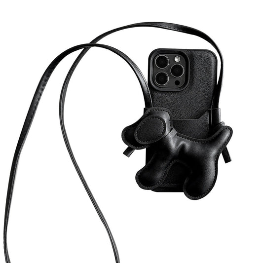 Black DIY puppy oblique span card bag for iPhone 16 mobile phone case iPhone17Pro max Internet celebrity 13 leather 15