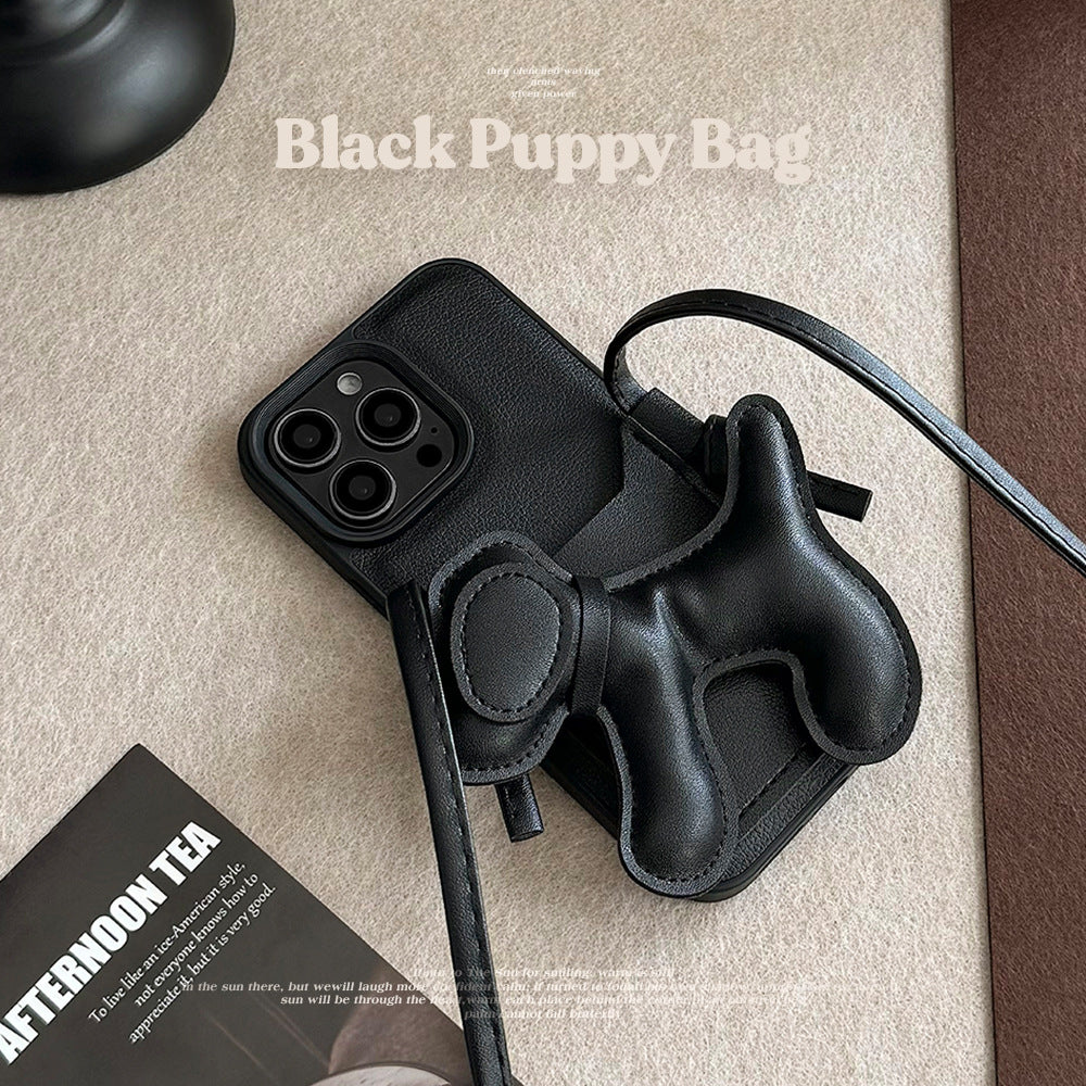 Black DIY puppy oblique span card bag for iPhone 16 mobile phone case iPhone17Pro max Internet celebrity 13 leather 15
