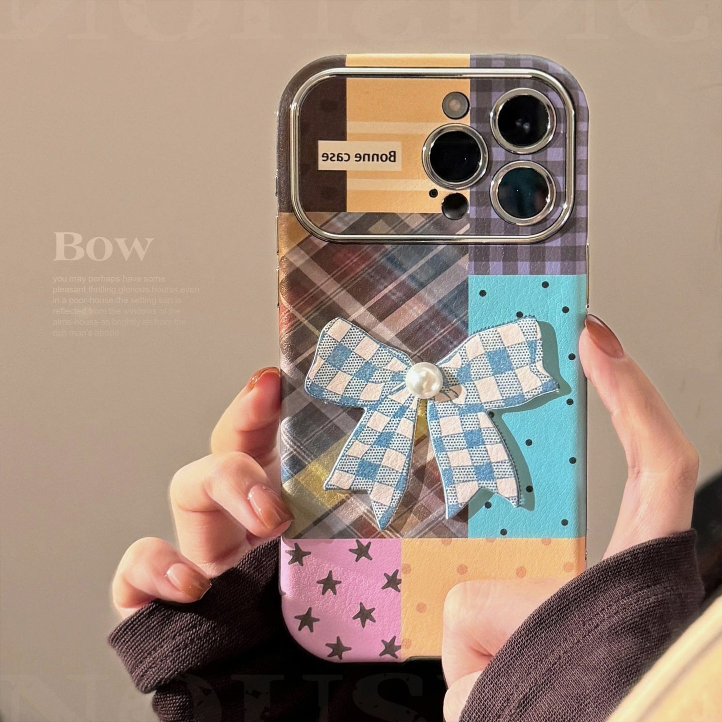 Applicable to iphone16 iPhone case 17promax color plaid splicing 15 three-dimensional bow 13 leather