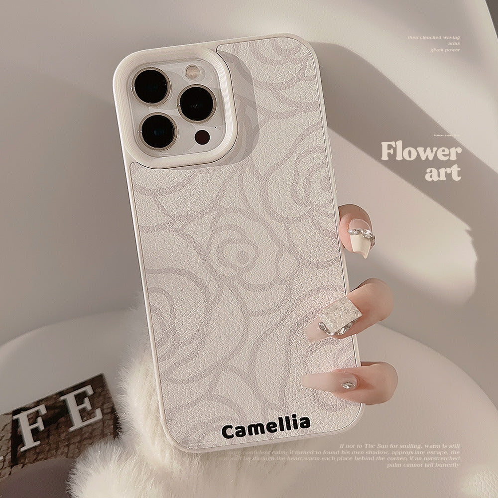 Simple camellia Apple 16 mobile phone case 17promax leather 11 for iPhone13 advanced sense 15 literature and art