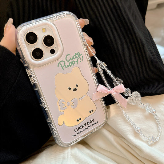Pink Puppy Mirror Apple 16 Mobile Phone Case 14ProMax Girl iPhone15 Suitable for 17 Bow Lanyard 11