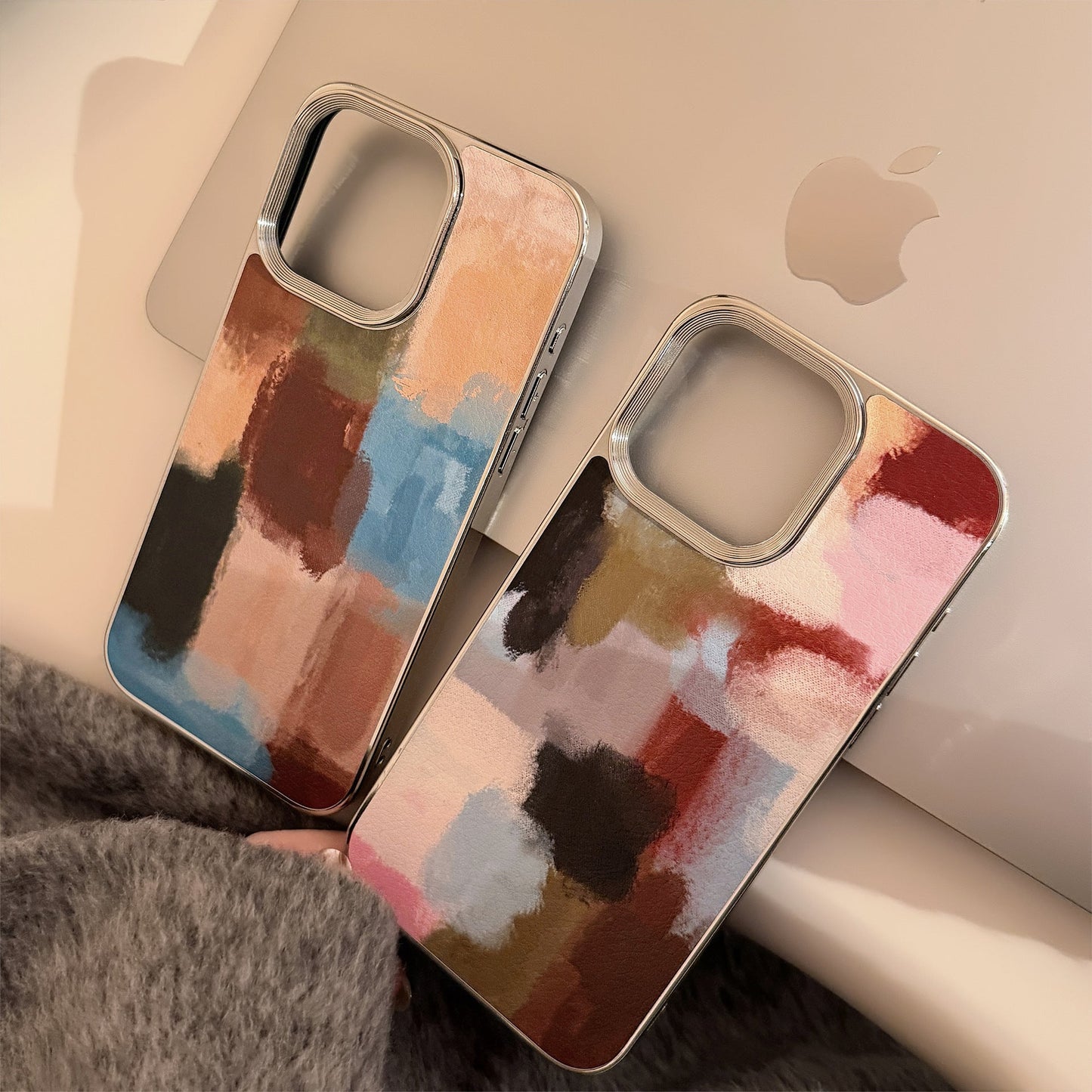 Art Contrast Color Splicing Apple 16 Mobile Phone Case 17promax Leather 15 Suitable for iPhone13 Electroplating 14 Advanced