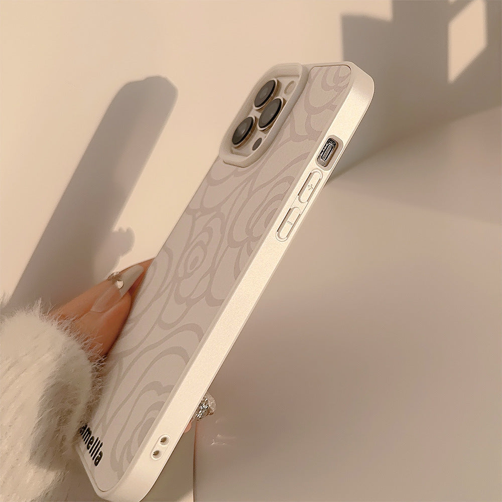 Simple camellia Apple 16 mobile phone case 17promax leather 11 for iPhone13 advanced sense 15 literature and art