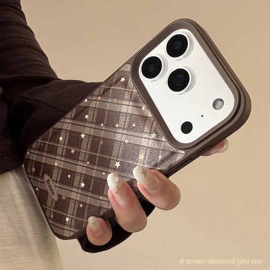 Warm brown rhombus star Apple 17 mobile phone case iPhone16promax leather 15 suitable for 13 retro 11 anti-drop