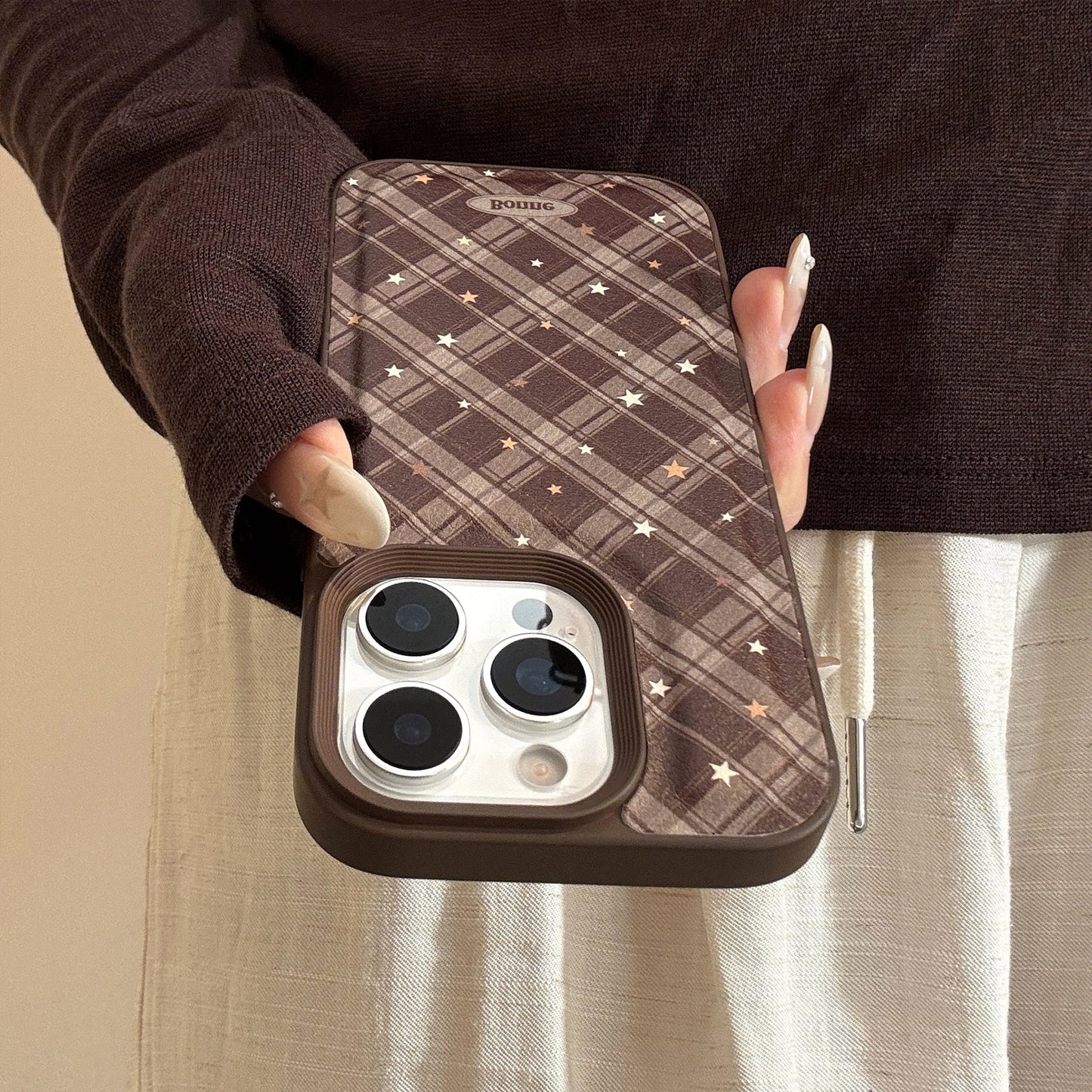 Warm brown rhombus star Apple 17 mobile phone case iPhone16promax leather 15 suitable for 13 retro 11 anti-drop