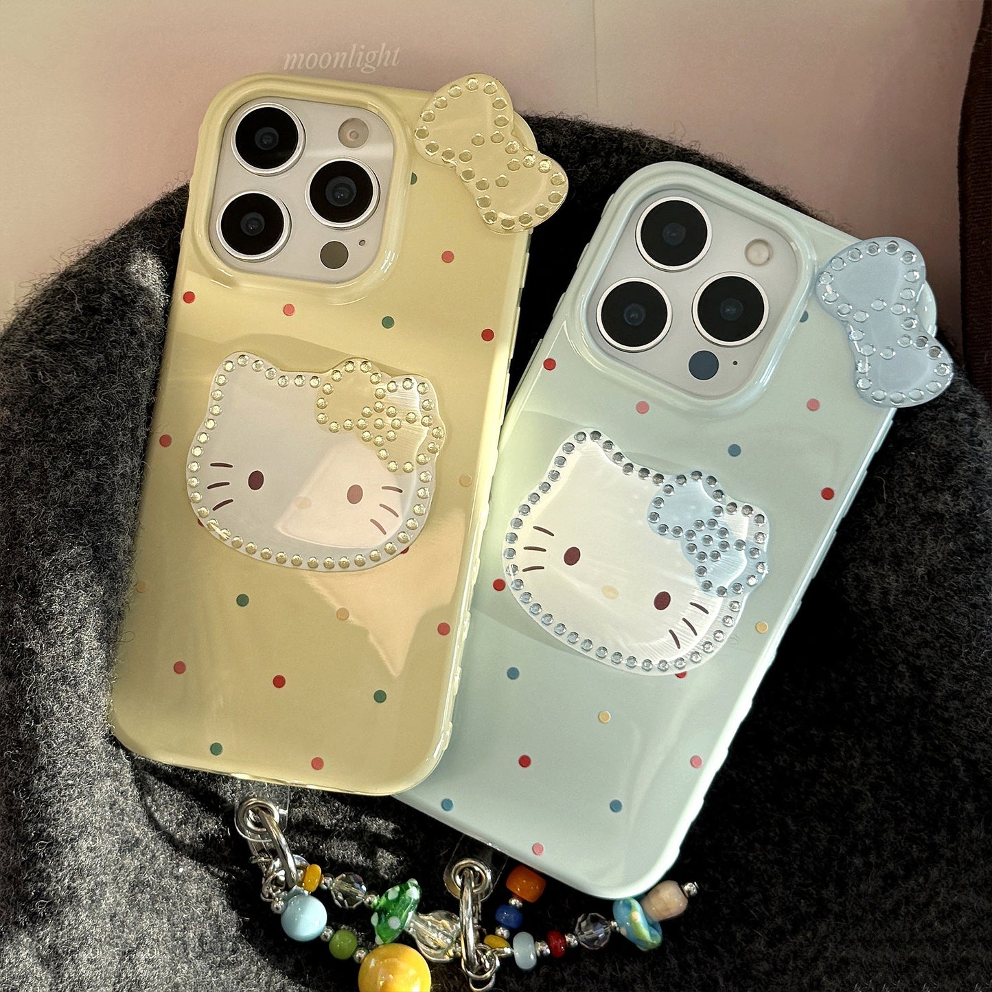 Three-dimensional gilt is suitable for 17promax Apple 16 mobile phone case iphone14 color polka dot bow cat 13 pendant.