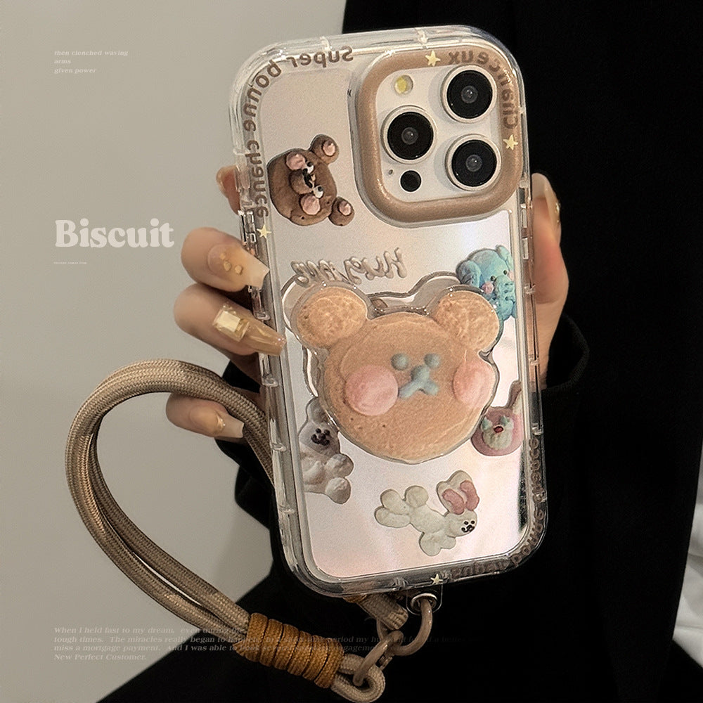 Cookie bear holder for 16ProMax Apple 15 mobile phone case iPhone17 mirror 12 hand strap 11