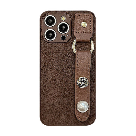 Camellia wristband iPhone15 iPhone case 14promax light luxury leather 13 suitable for 11 autumn and winter retro