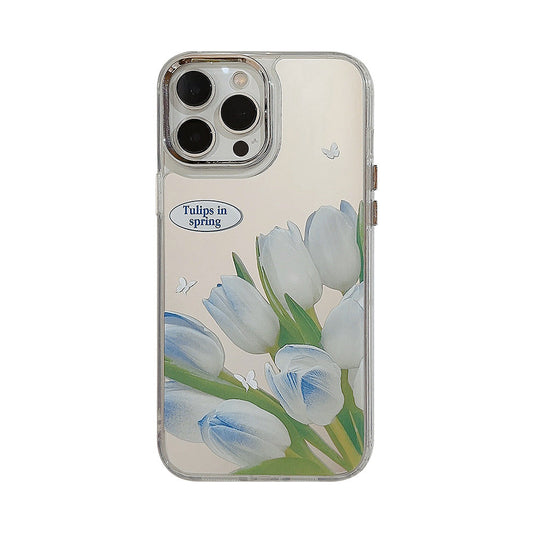 Temperament gentle blue tulip iphone16 for 17promax apple 15 mobile phone case flower makeup mirror 11 hard